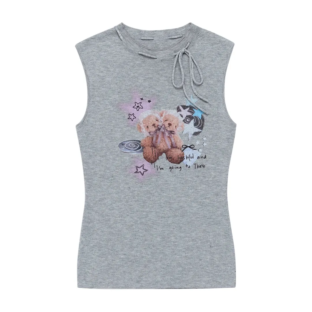 Bear Print Knitted Vest Top