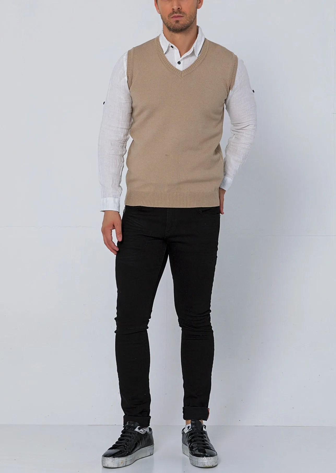 Classic V-Neck Knitted Vest - Stone