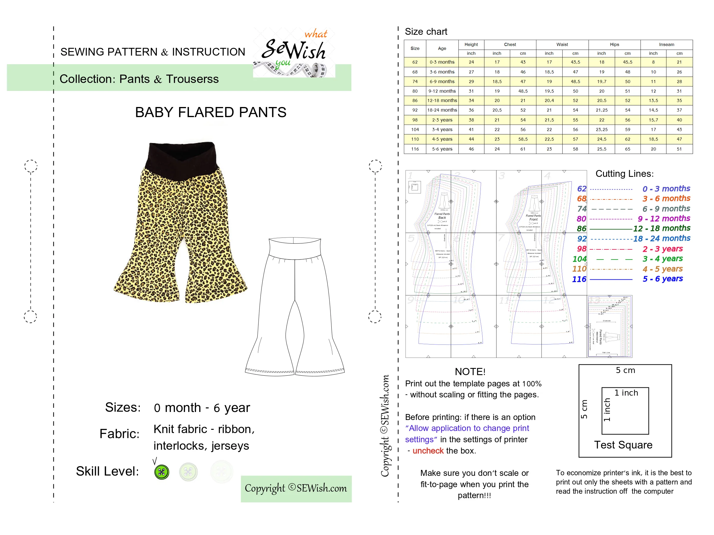 Flared Pants Baby Sewing Patterns,  Sizes 0 Month-6 YEARS