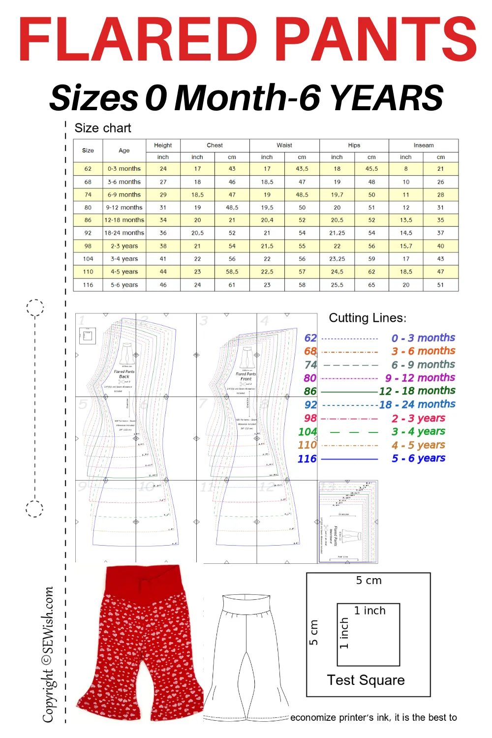 Flared Pants Baby Sewing Patterns,  Sizes 0 Month-6 YEARS