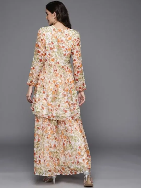 Long Sleeves Floral Printed Anarkali Kurta with Sharara Pants Set