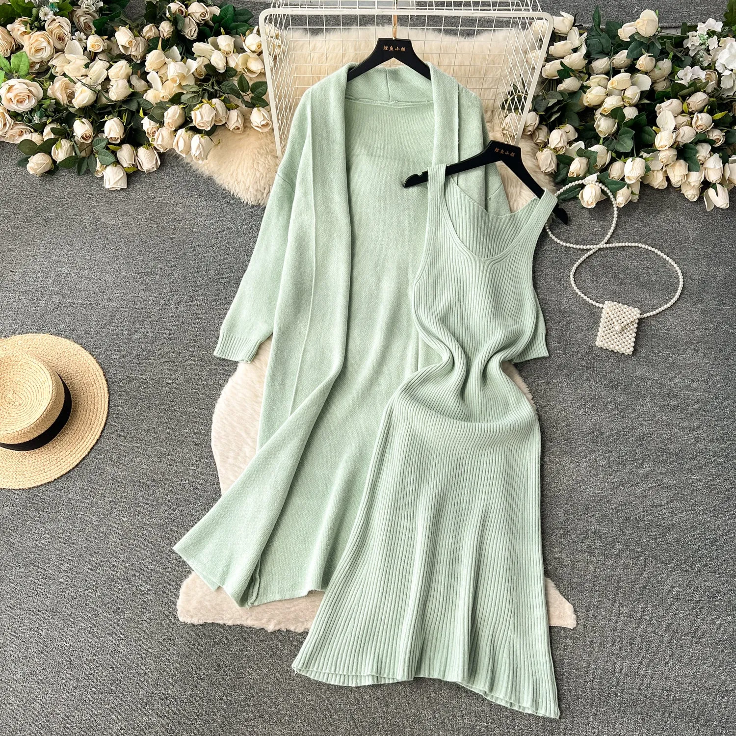 Loose Cardigan&Vest Dress Knitted 2Pcs