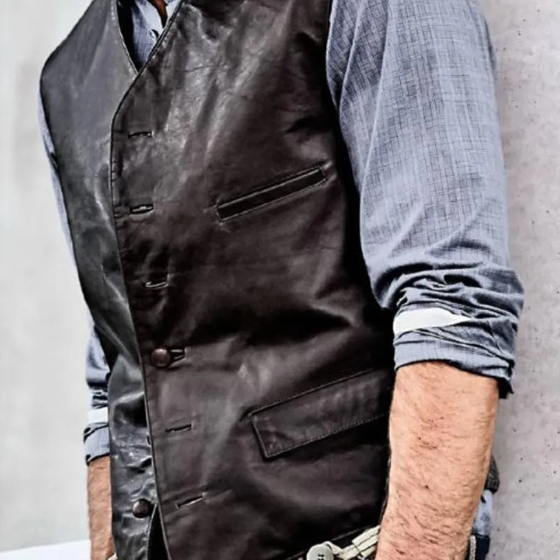 Men's Vintage Multi-pocket Single Breasted Leather Vest 29058342Y