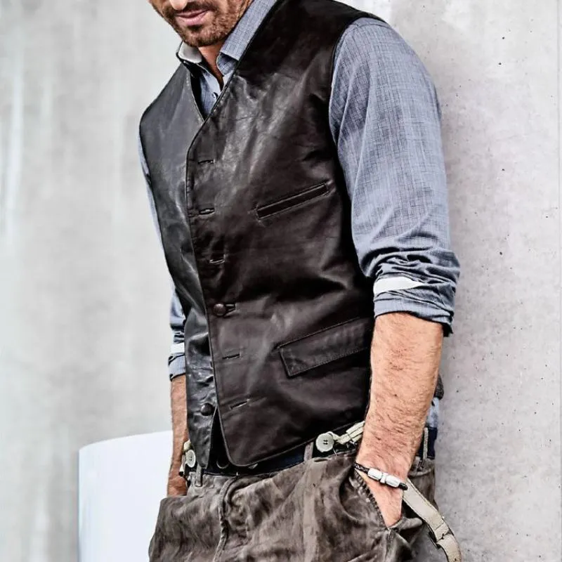 Men's Vintage Multi-pocket Single Breasted Leather Vest 29058342Y