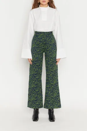 Navy & Olive Jacquard Print Flared Pants