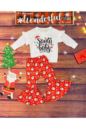 "Santa baby" white top bell bottom pant 2pc sets XCH0018-4H