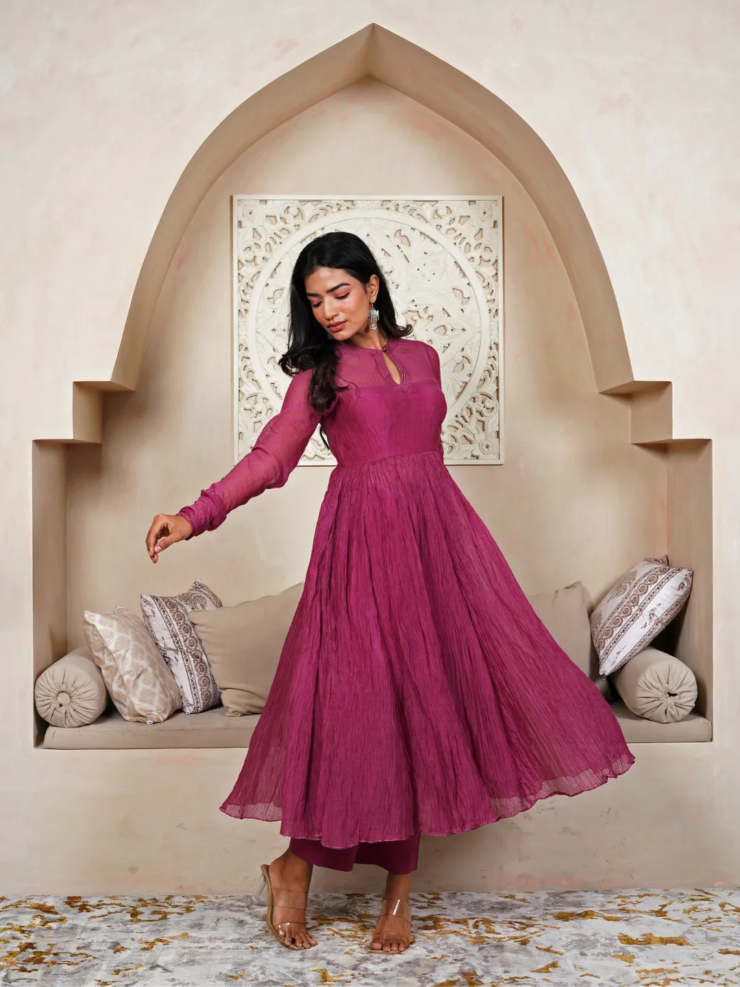 Raspberry Burgundy Cotton Silk Chanderi Anarkali Set