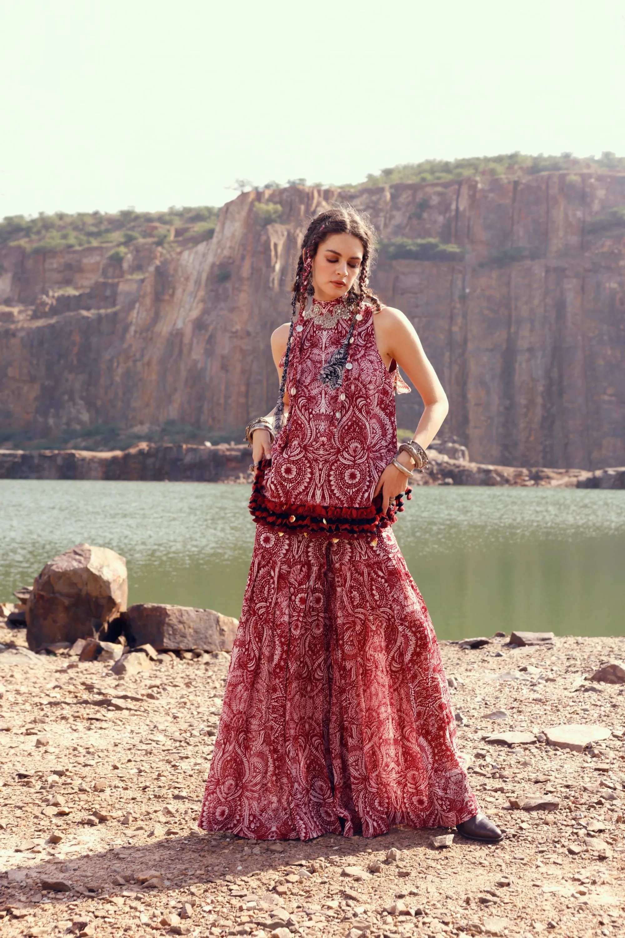 Red Geo Floral Embroidered Taseled Top & Sharara Pants
