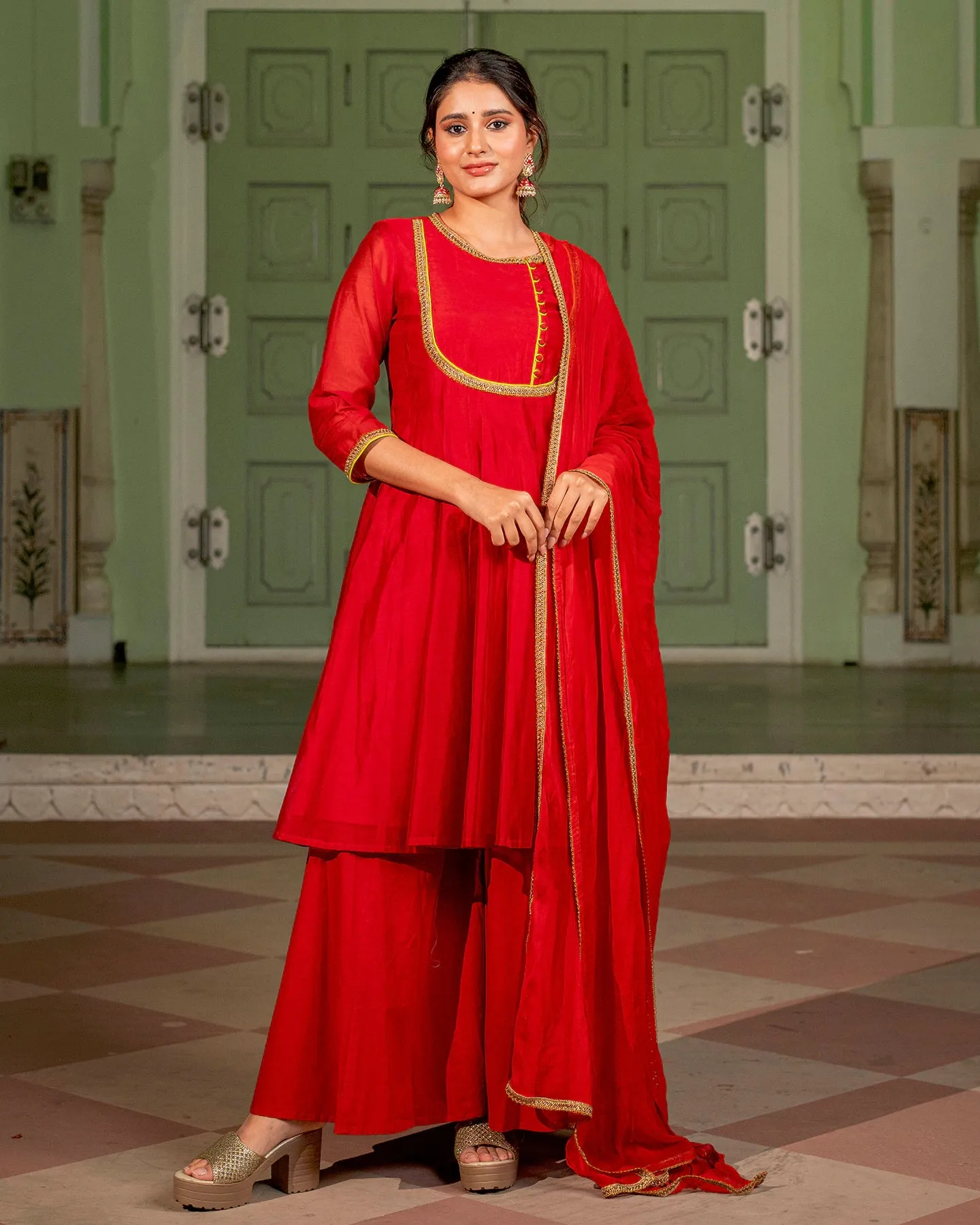 Red Kalidaar Chanderi Suit Set