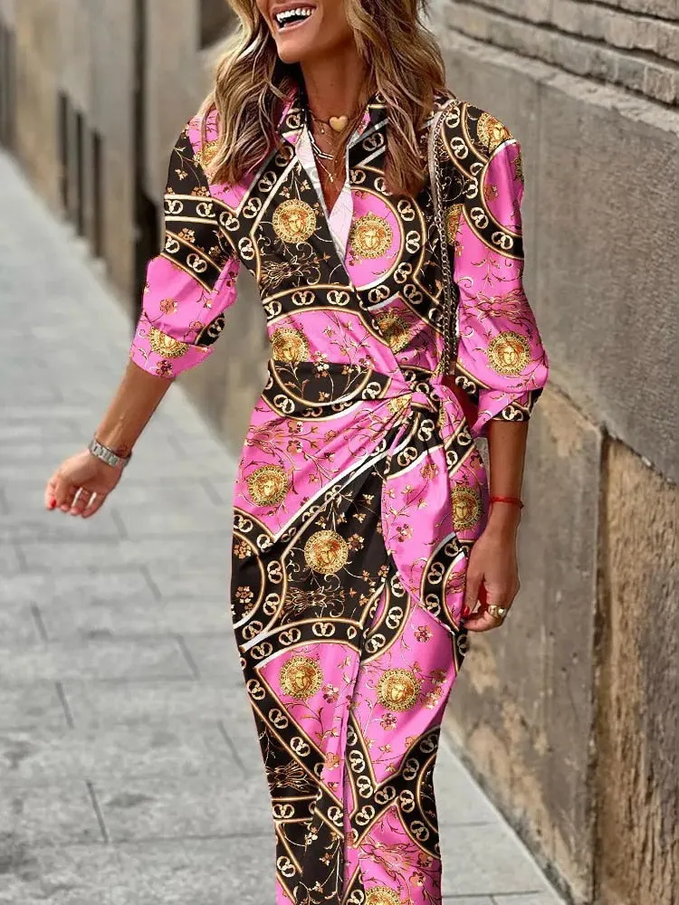 Spring Summer Fashion Print Dress Blouse Neck Tie Mid Length Striped Skirt Casual Comfortable Street Women's Wear Dresses Robe