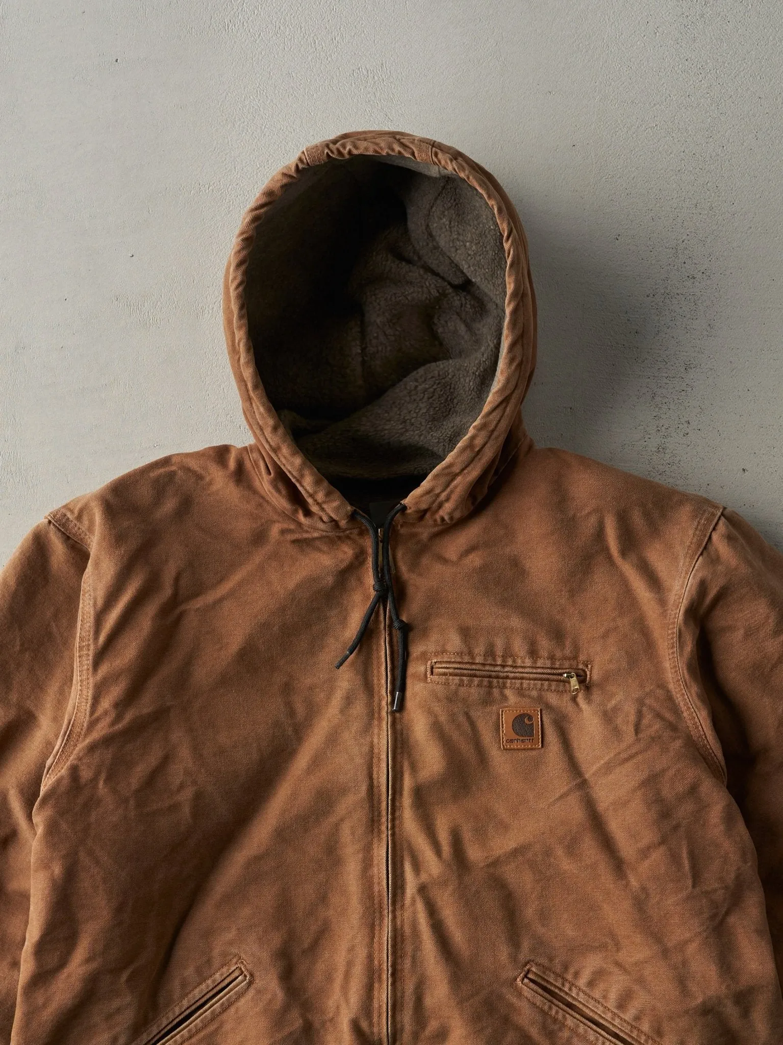 Vintage Y2K Camel Brown Carhartt Sherpa Lined Hooded Work Jacket (XL)