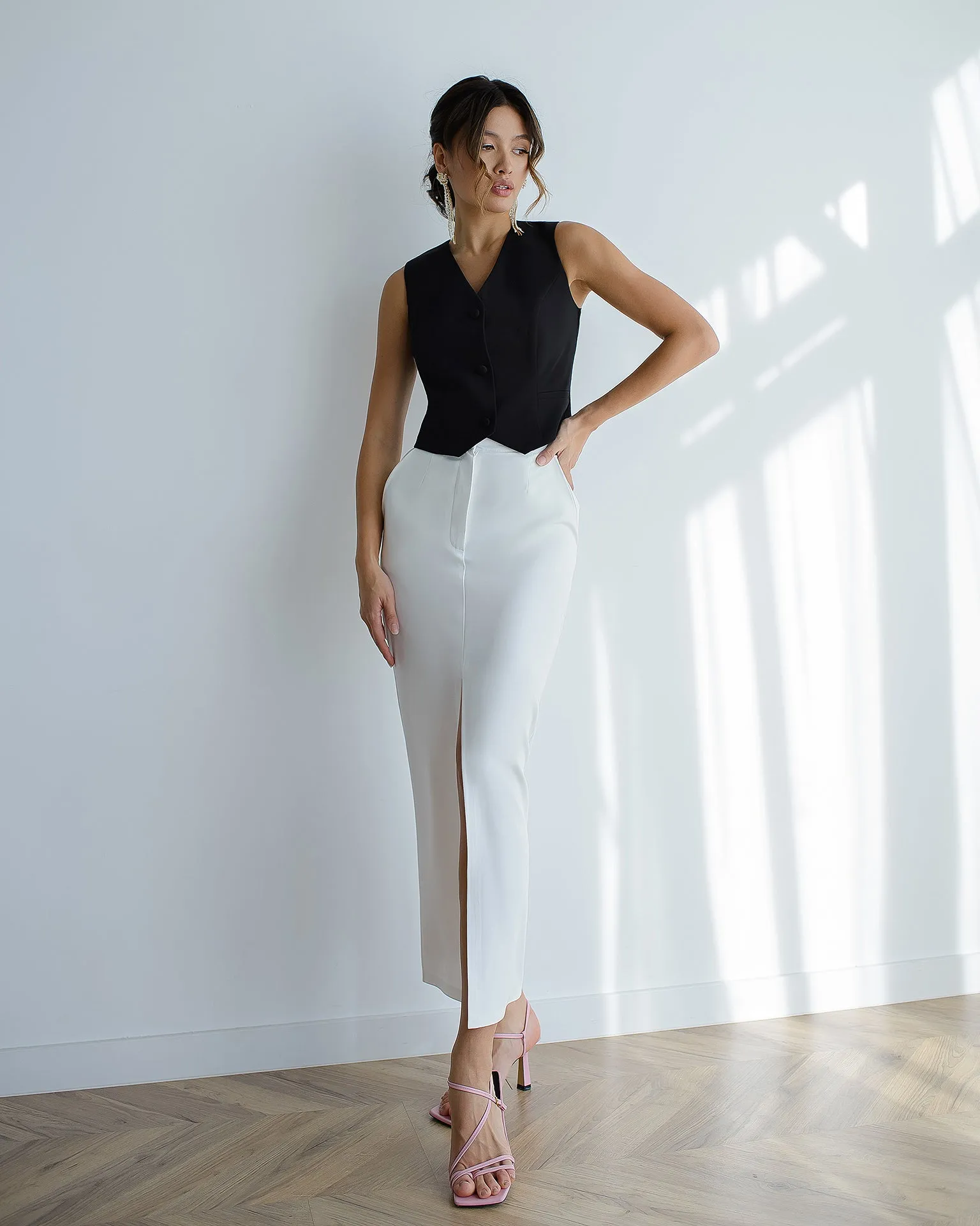 White Front-Slit Midi Skirt