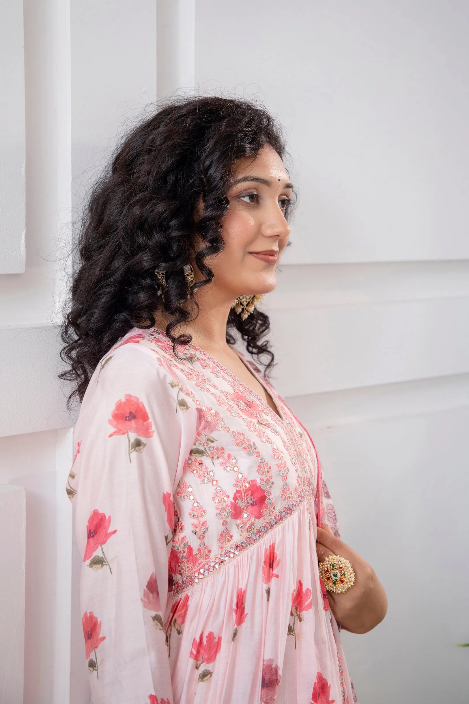 Women's Muslin Pink Alia Cut A-line Ethnic Set