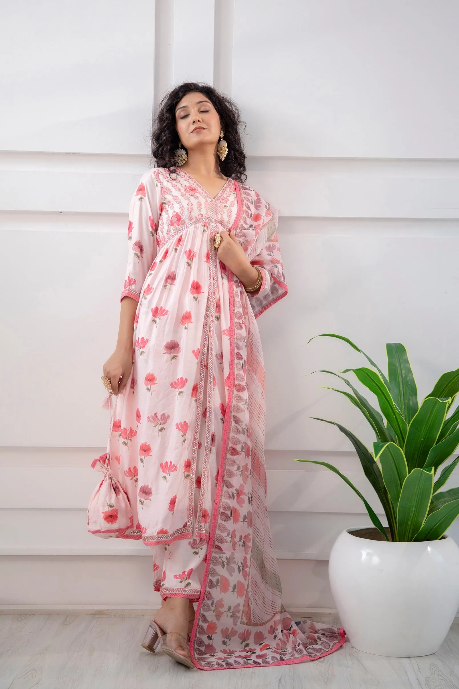 Women's Muslin Pink Alia Cut A-line Ethnic Set