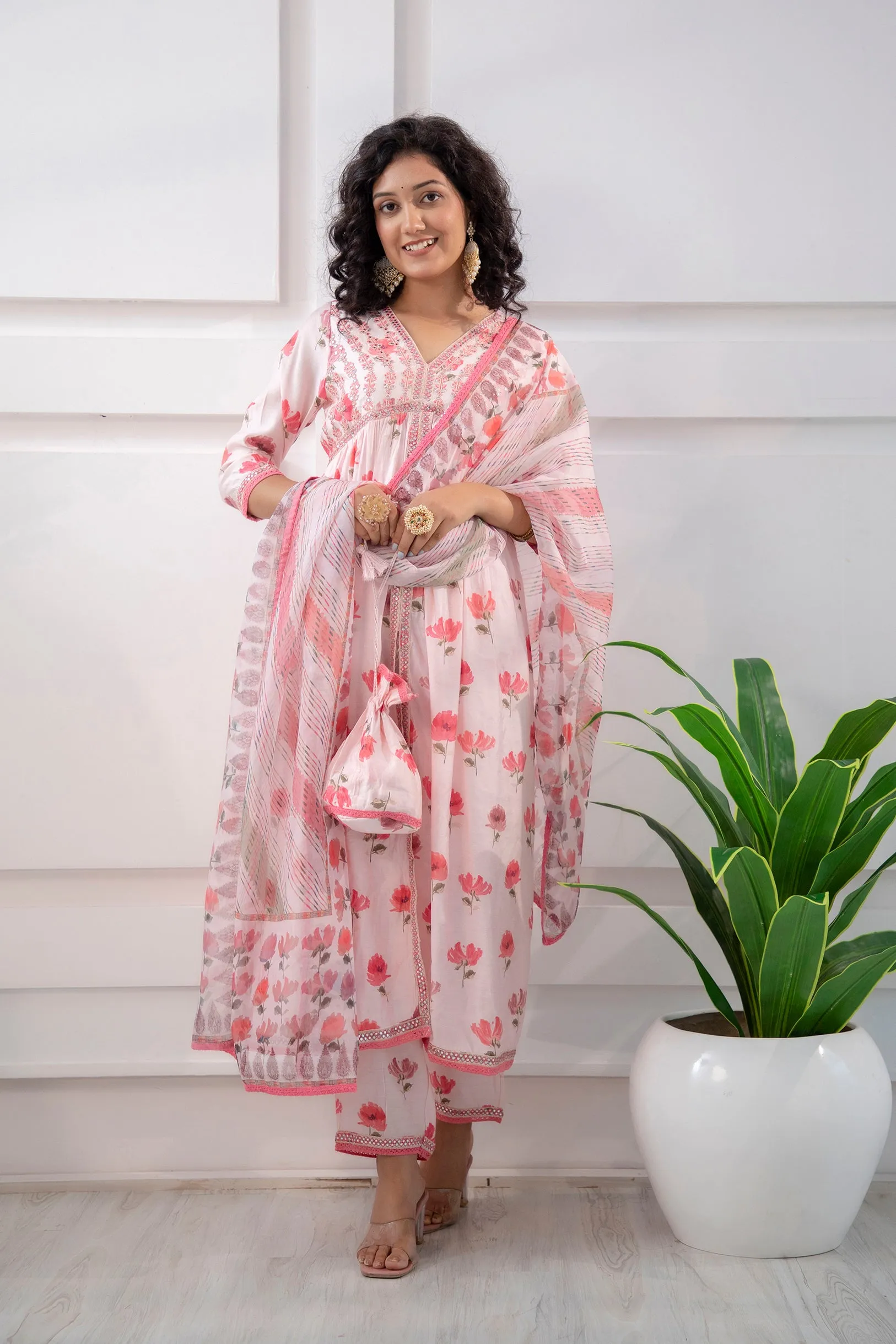 Women's Muslin Pink Alia Cut A-line Ethnic Set