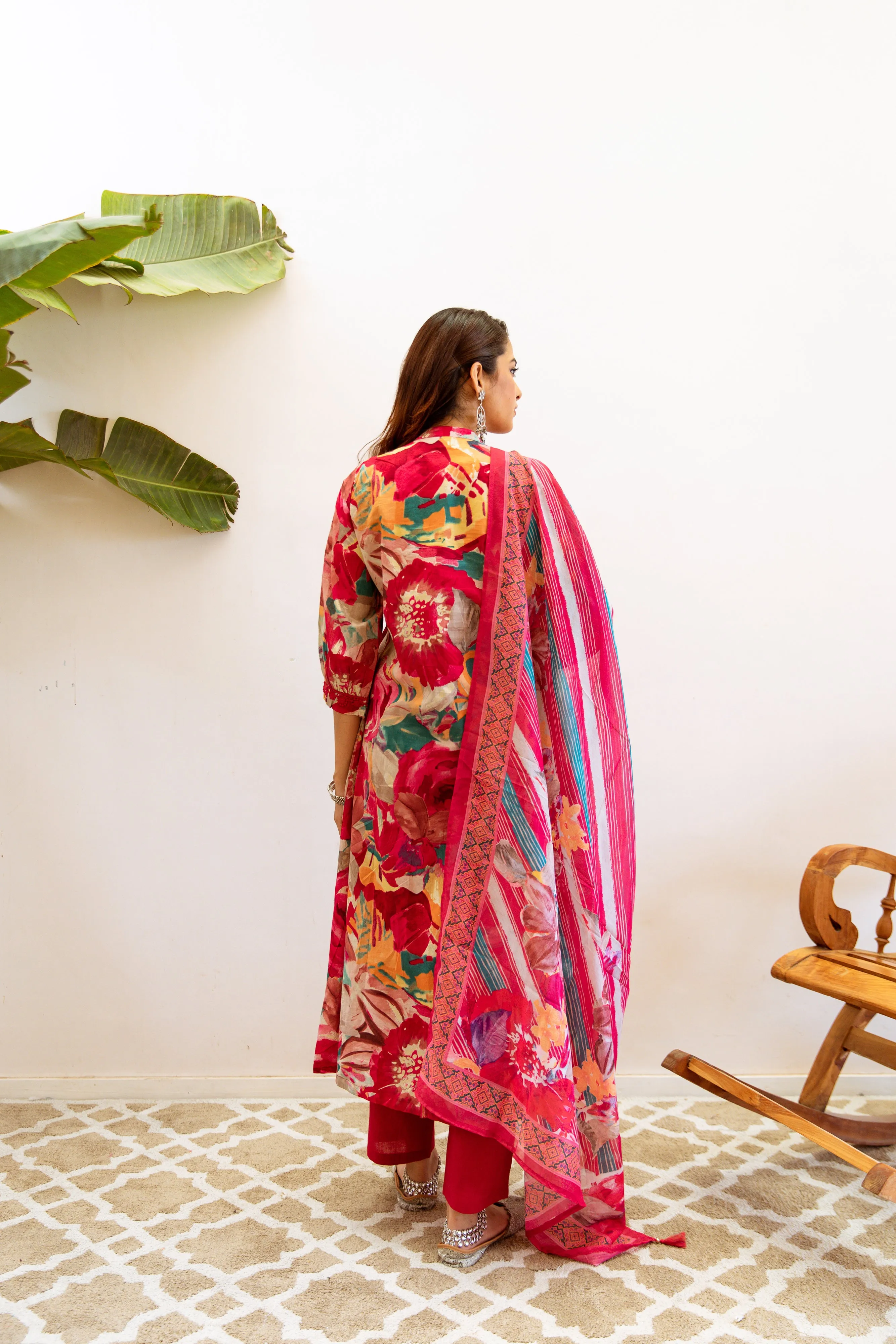 Women's Rani Pink Cotton Kurta, Pant & Dupatta Set
