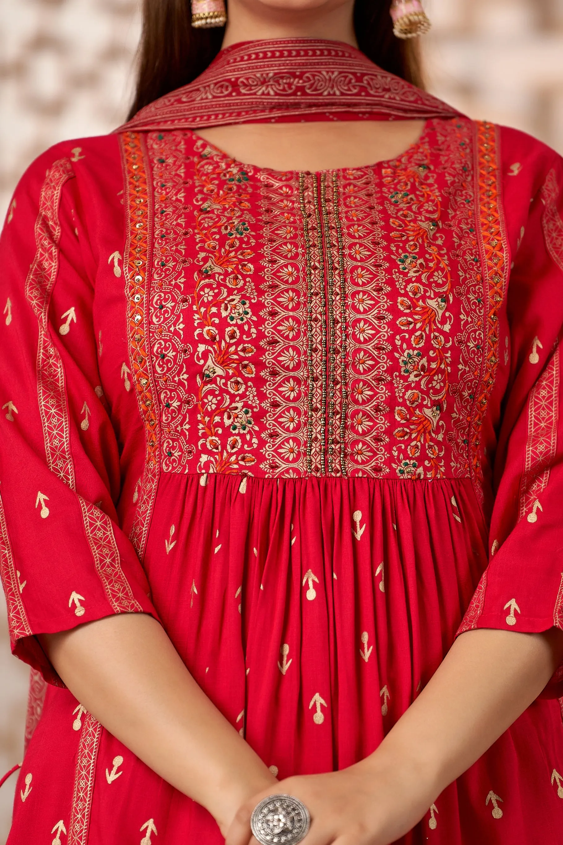 Womens Rayon Rani Pink Nyara Cut A-Line Kurta Pant and Dupatta Set