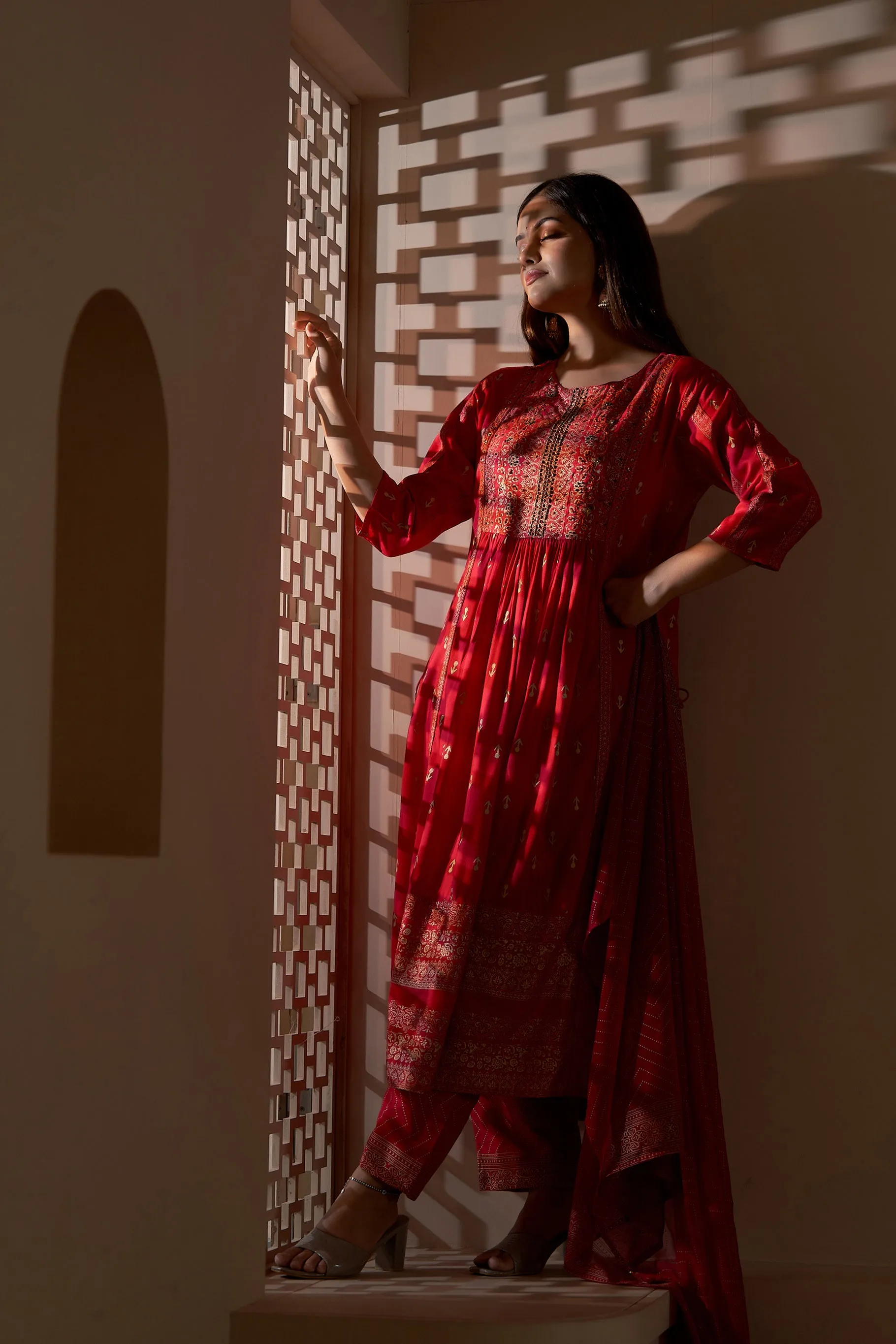 Womens Rayon Rani Pink Nyara Cut A-Line Kurta Pant and Dupatta Set