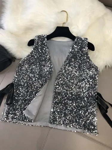 Women's Stylish Silver sparkling V-Neck sequin vest