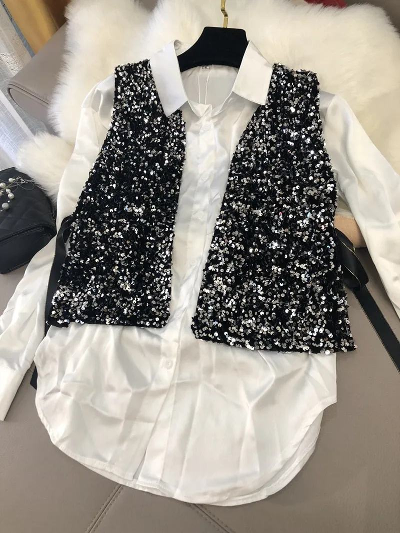 Women's Stylish Silver sparkling V-Neck sequin vest