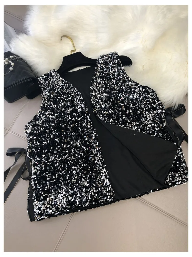 Women's Stylish Silver sparkling V-Neck sequin vest