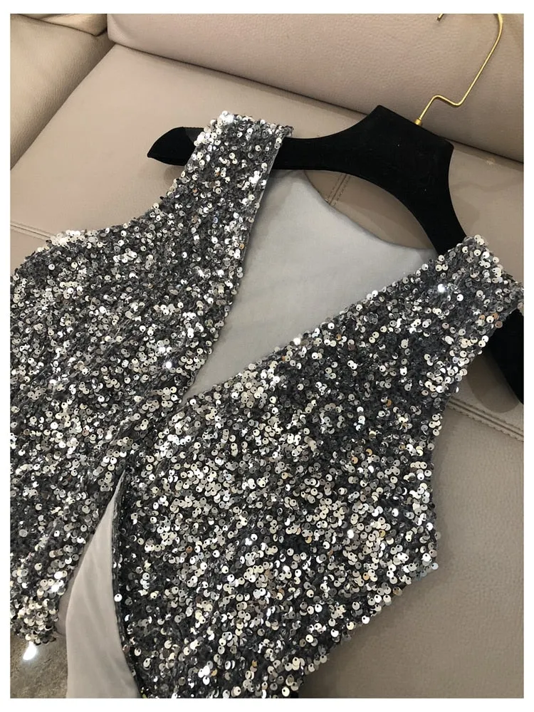 Women's Stylish Silver sparkling V-Neck sequin vest
