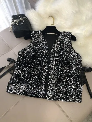 Women's Stylish Silver sparkling V-Neck sequin vest