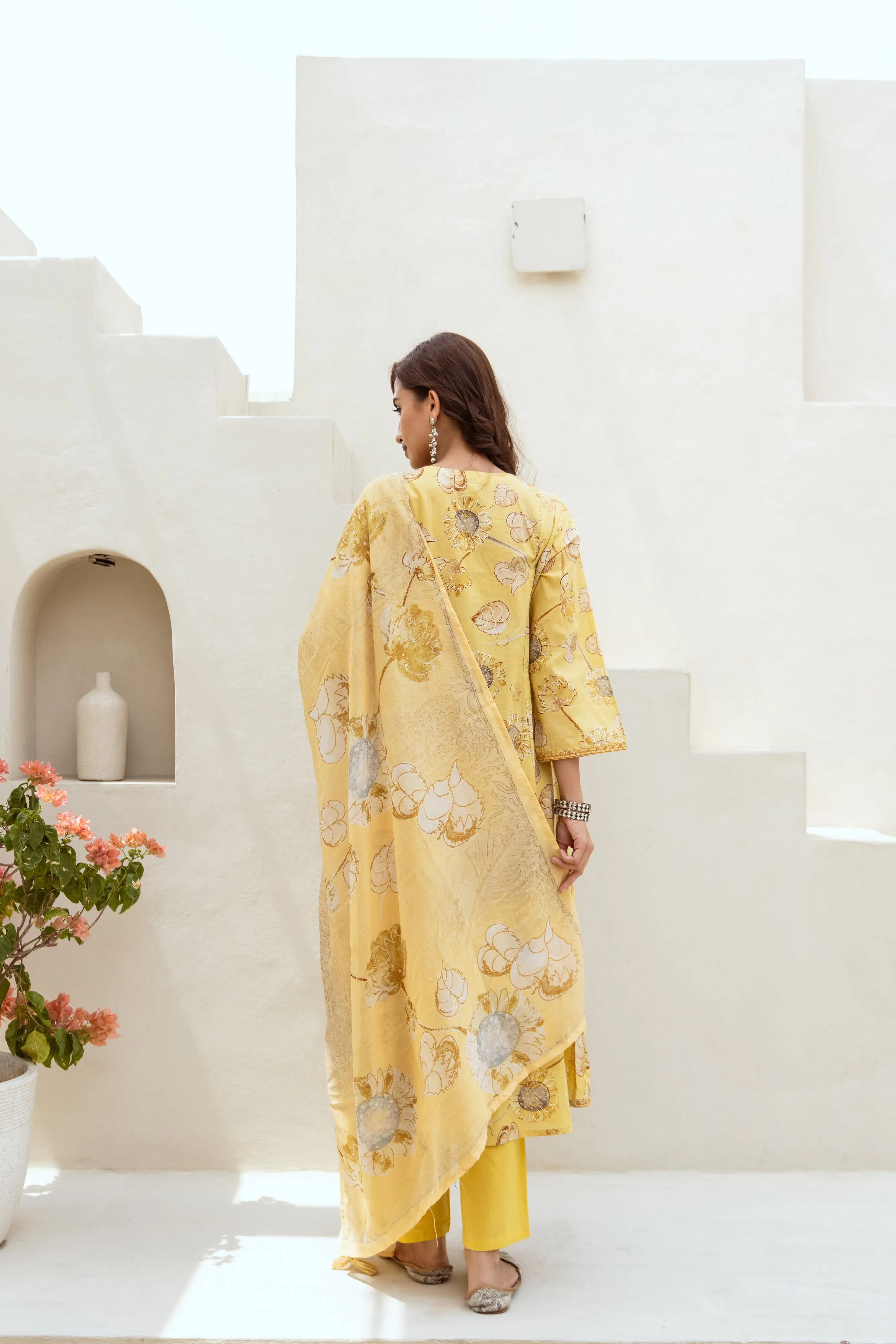 Women's Yellow Cotton Kurta Pant and Dupatta Set