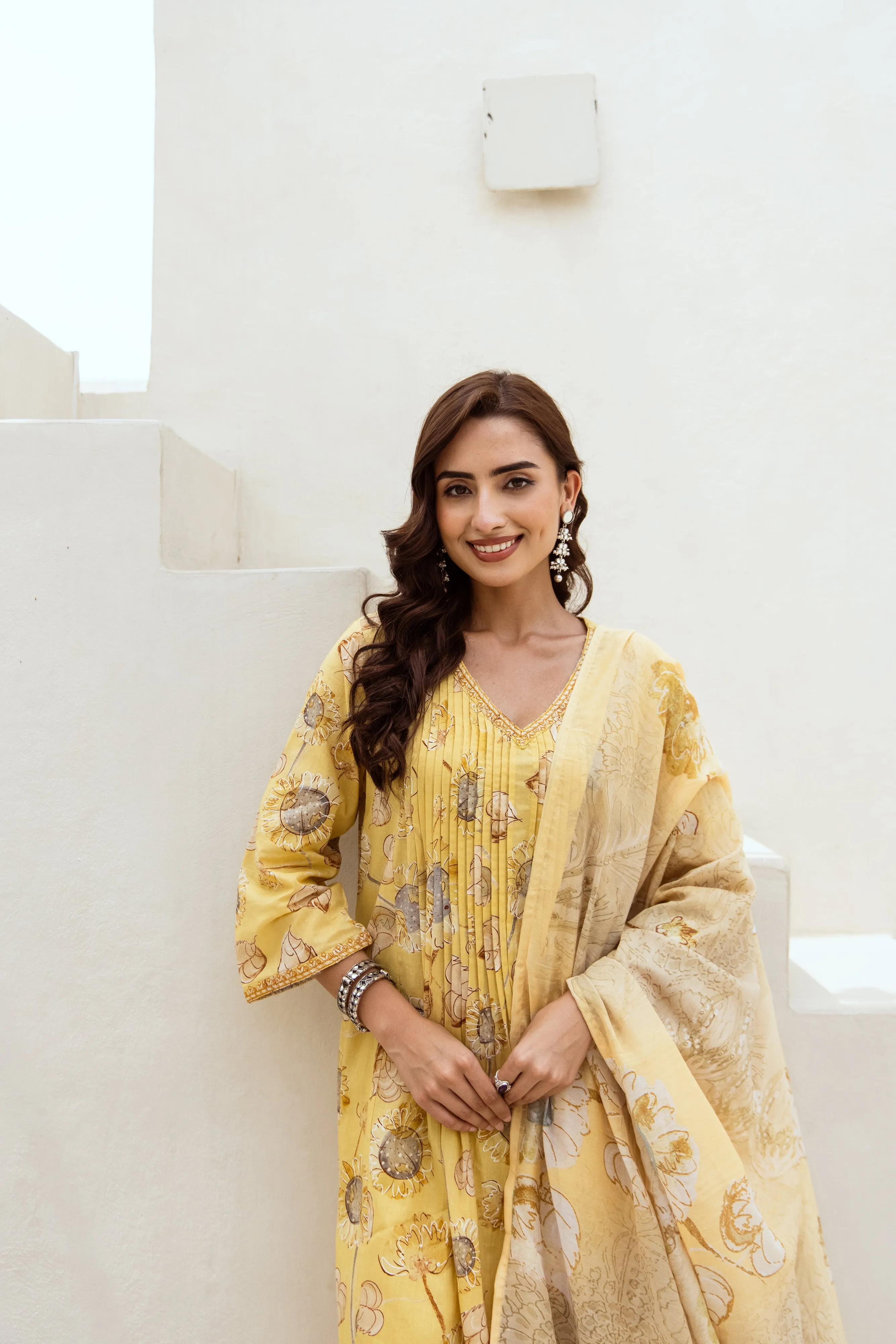 Women's Yellow Cotton Kurta Pant and Dupatta Set